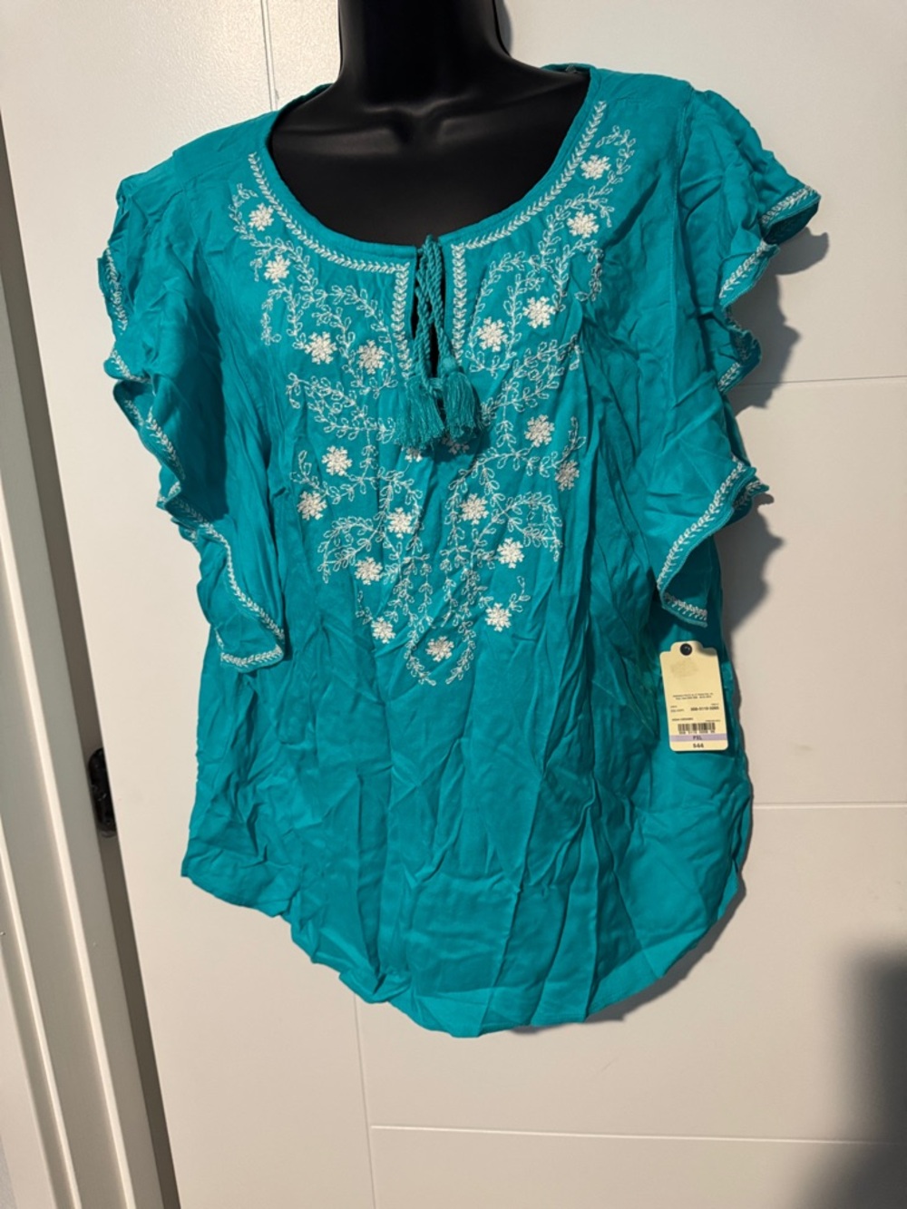 St. John's Bay Teal Embroidered Ruffle Sleeve Peasant Top